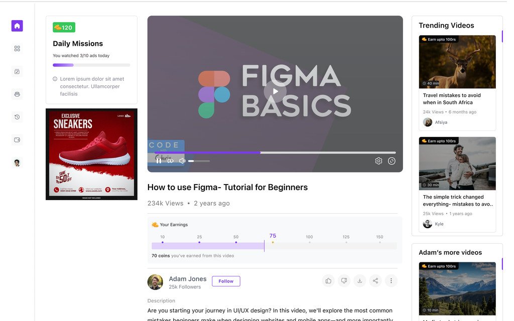 A video page with daily missions on the left, the player in the middle, and an earnings progress bar beneath the video.