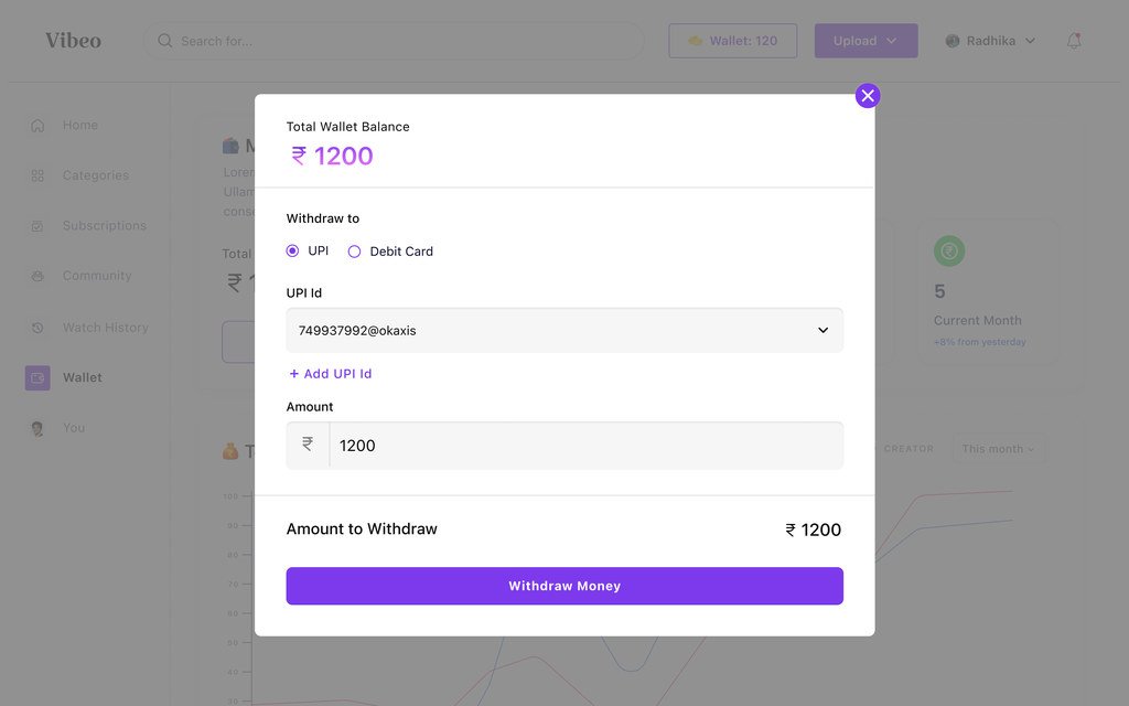 Withdraw dialog with UPI or debit card, the UPI id, the amount and the amount to withdraw.