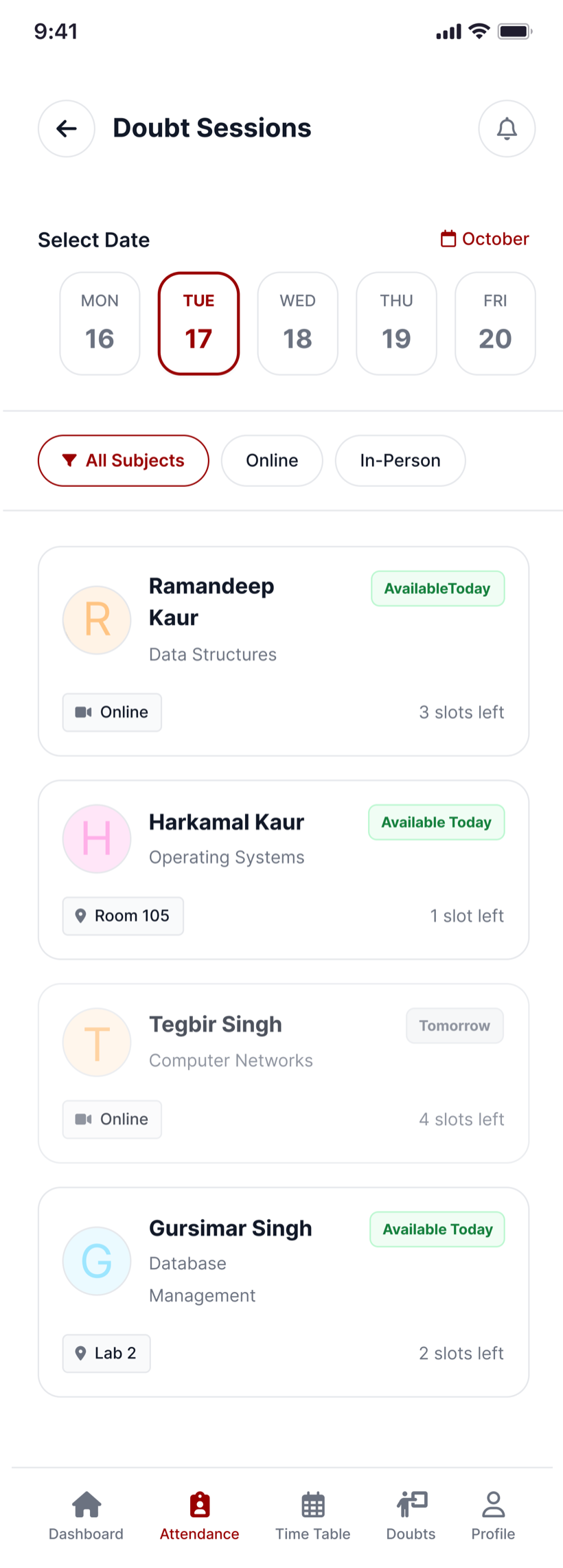 Doubt sessions — browse faculty slots by subject and availability