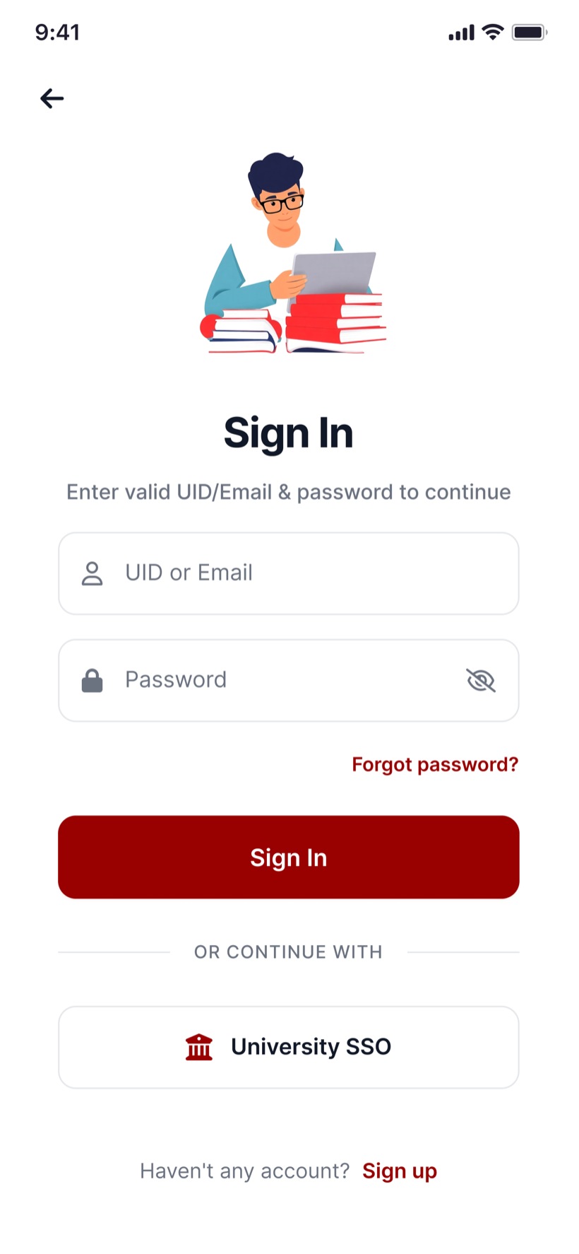 Sign in with University SSO — no new credentials to remember