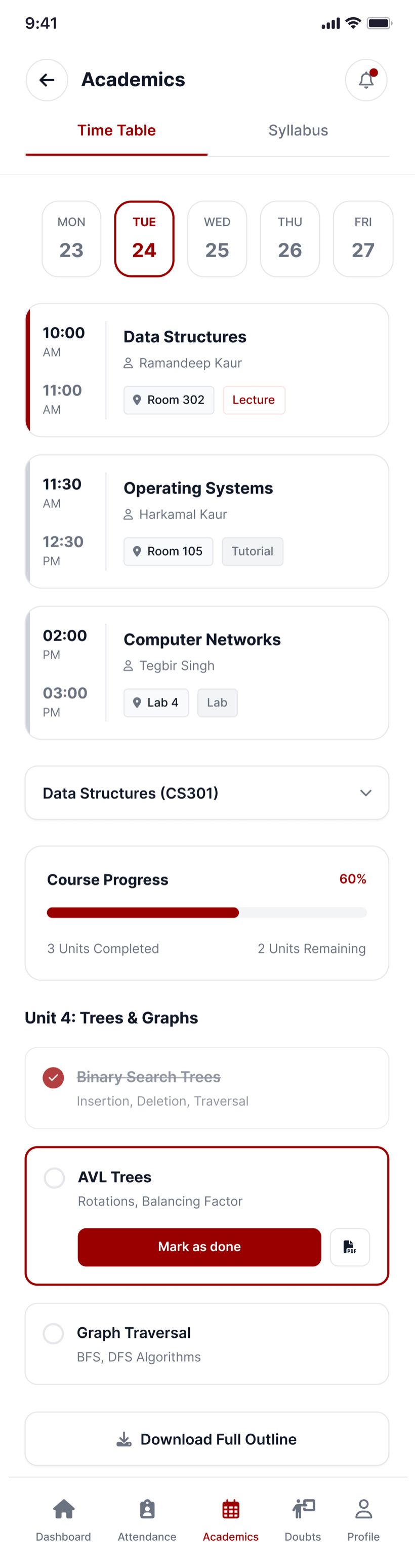 Timetable & syllabus — today's classes, course progress and unit tracking