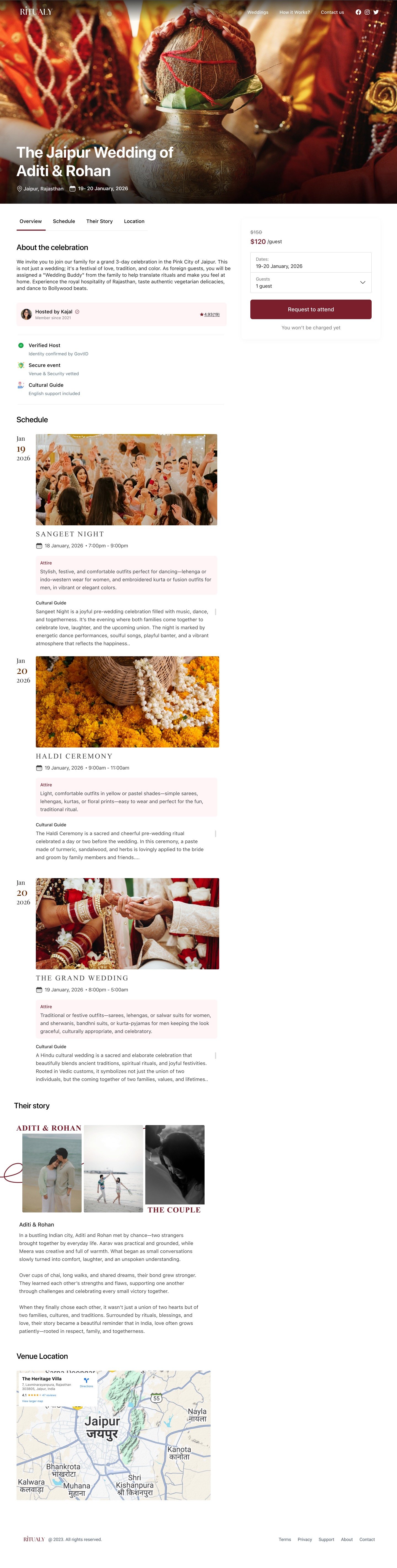 Wedding page (Aditi & Rohan, Jaipur) — schedule with cultural guidance, the couple's story, venue, and a request-to-attend flanked by verification and secured payment